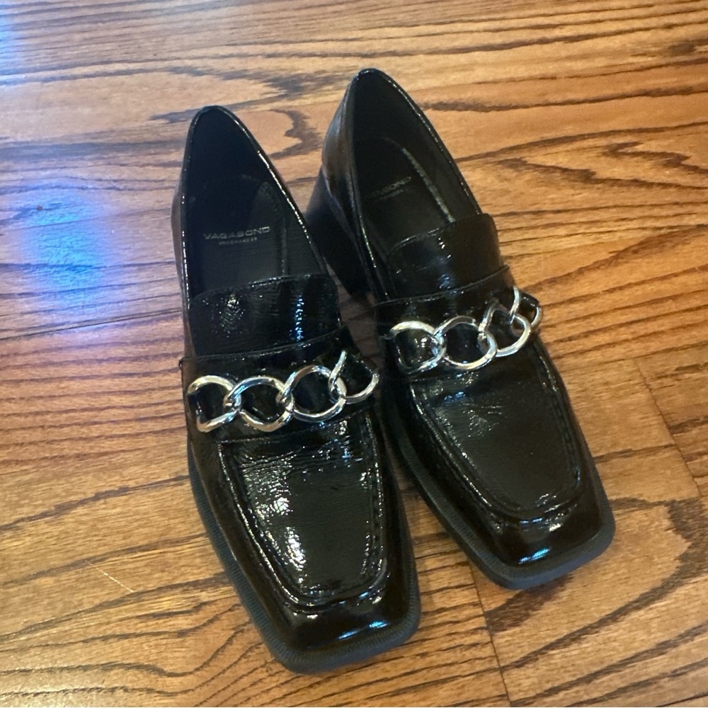 Vagabond Black Patent Loafers with Silver Chain
